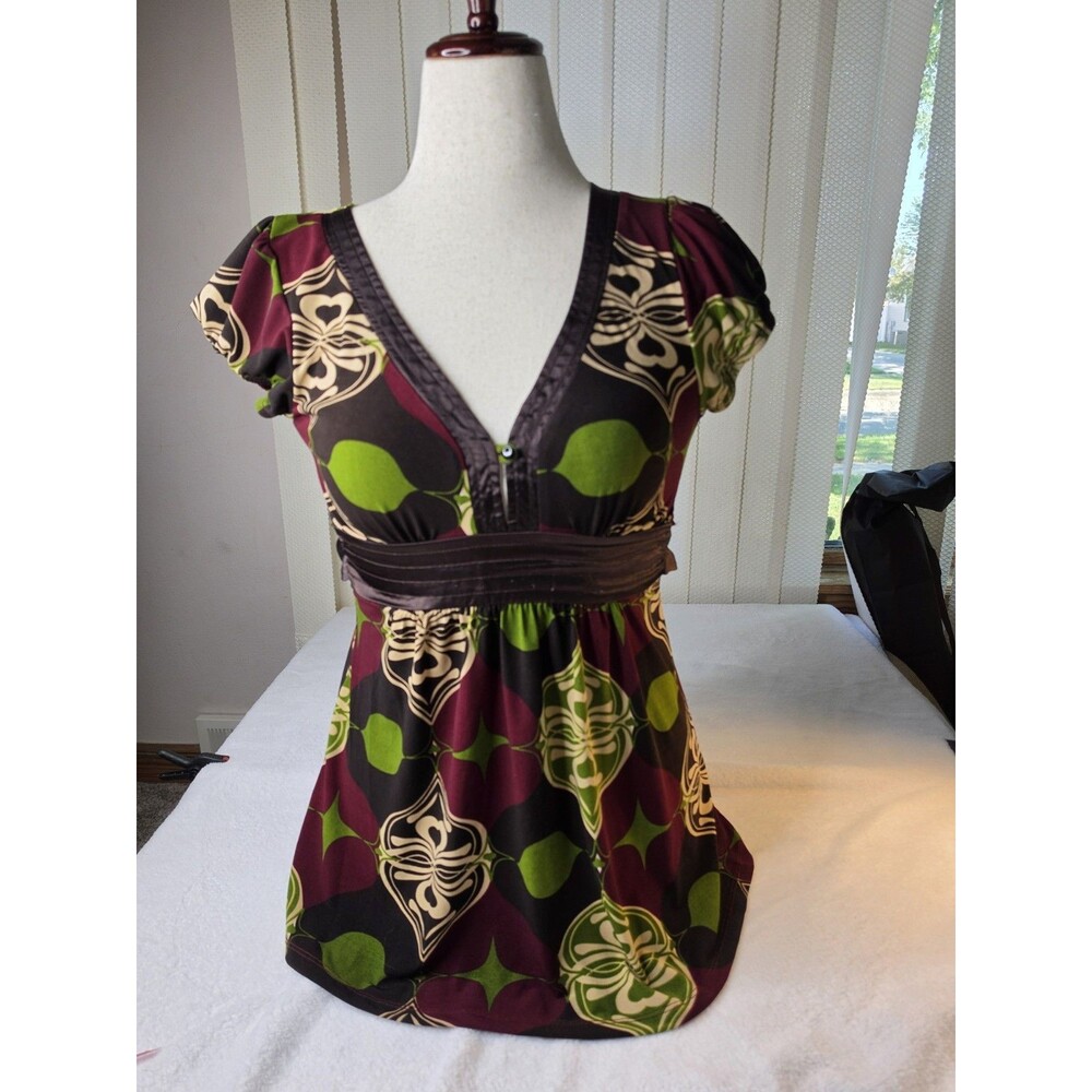 L8ter Vintage 2000s Y2K Empire Waist Babydoll Brown V-neck Short Sleeve Size M